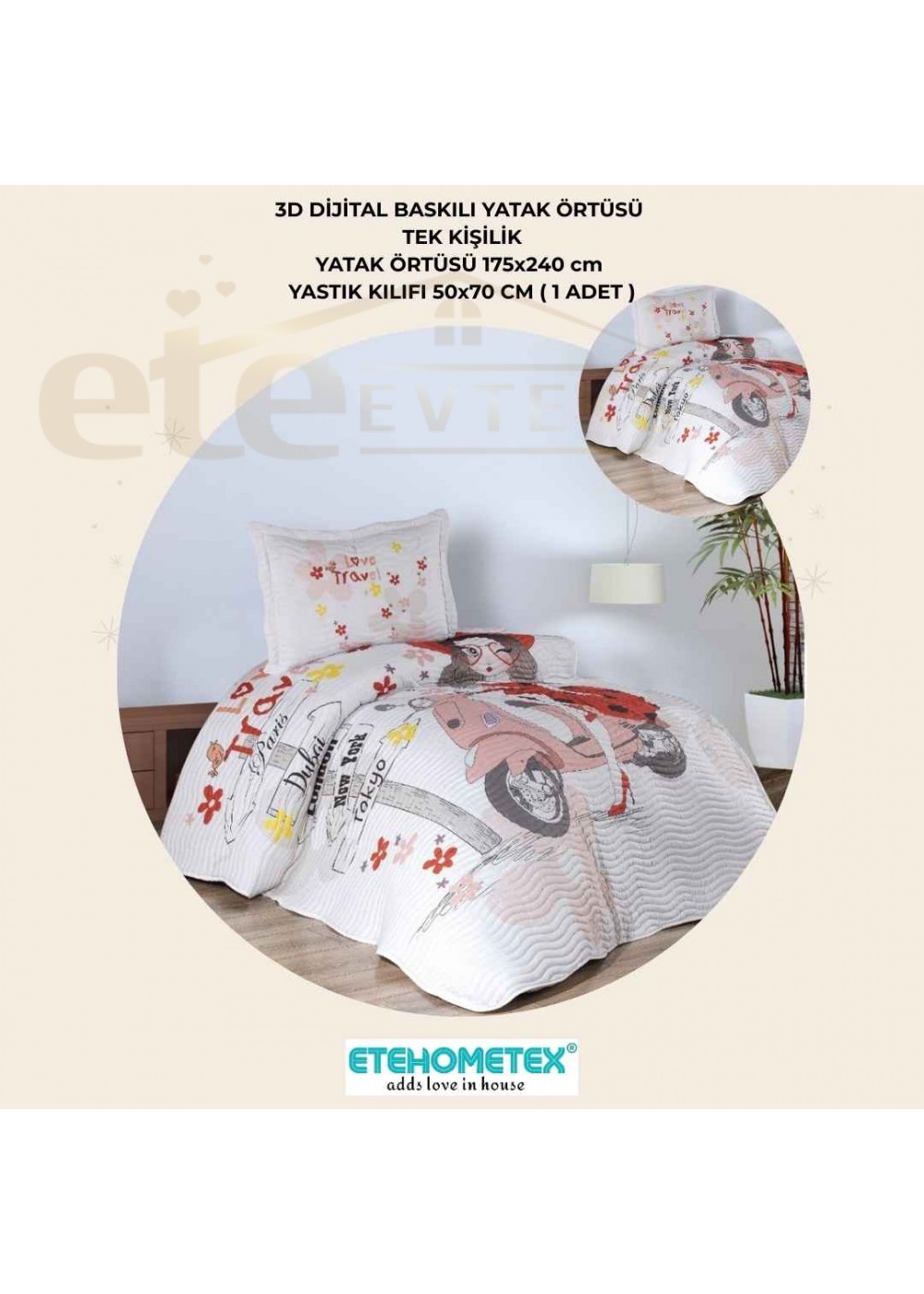 ETEHOMETEX TEK KİŞİLİK 3D DİJİTAL BASKILI YATAK ÖRTÜSÜ GEZGİN KIZ 8696474232041